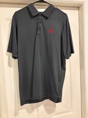 Antigua Black and White Striped Polo with Alabama script A